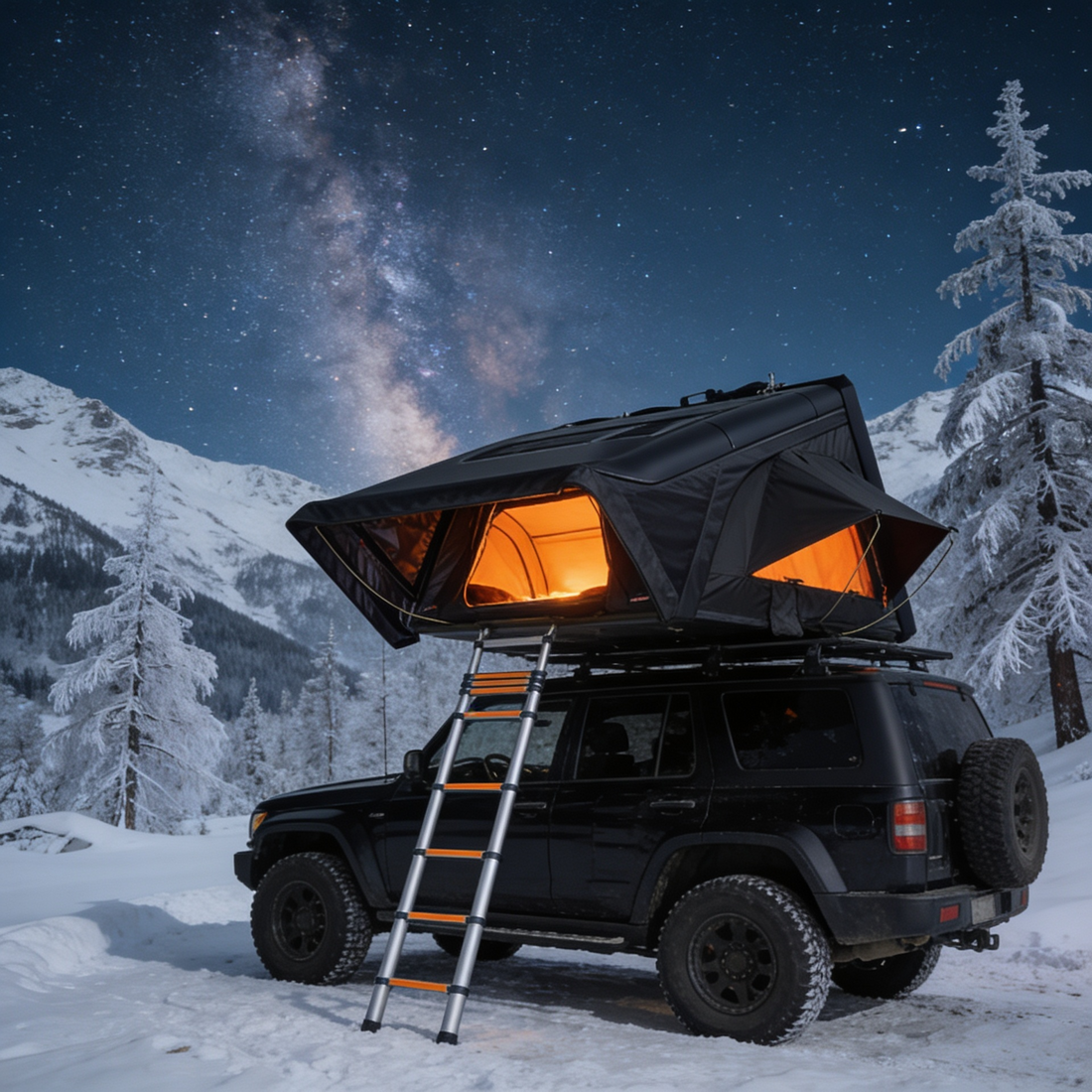Un 4x4 noir avec une tente de toit hardshell ouverte, stationné dans un paysage alpin enneigé la nuit, avec une lueur orangée à l'intérieur et un ciel étoilé.