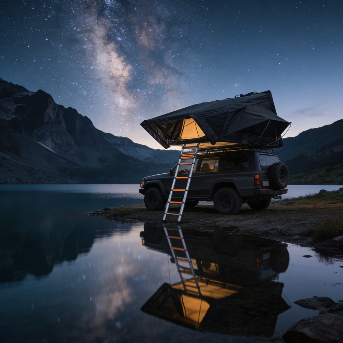 Tente de toit hardshell noire ouverte sur un 4x4 gris, garée au bord d'un lac de montagne la nuit. L'intérieur éclairé se reflète dans l'eau calme, sous une voie lactée visible dans un ciel étoilé, entouré de montagnes rocheuses.